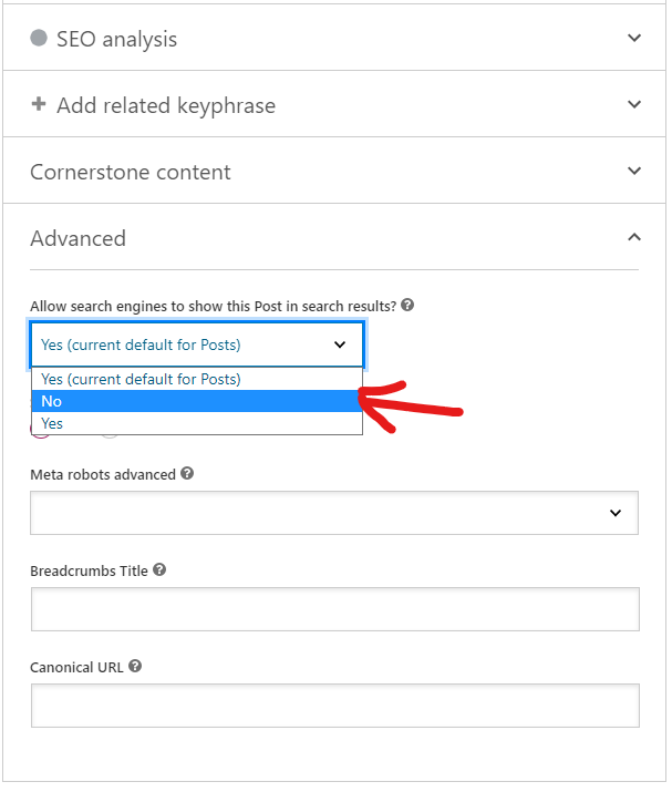 noindexing a post with yoast meta box